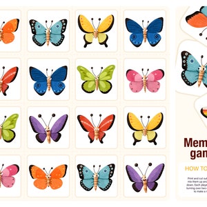 Butterfly memory cards for kids. Montessori educational game for toddlers. Activities for kids. PDF file