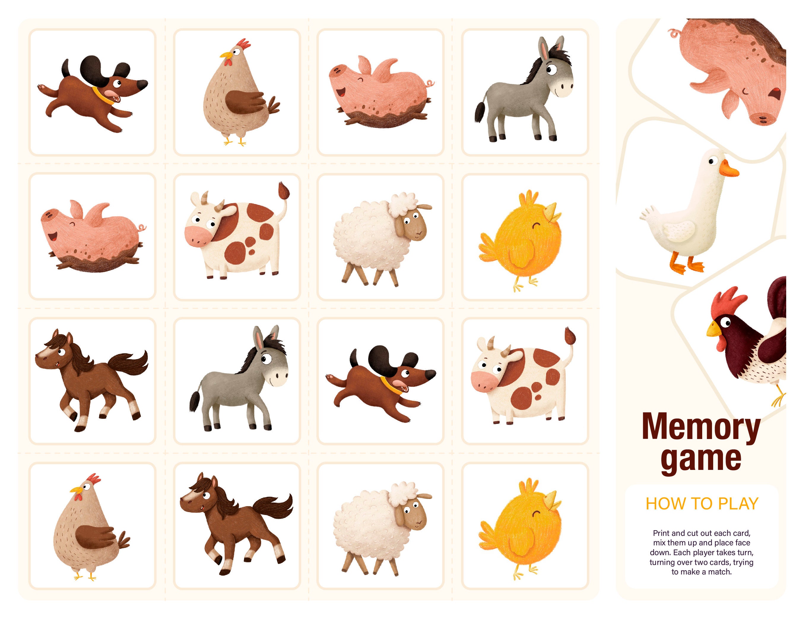 Memory Cards for Kids. Farm Animals. Montessori Educational Game for ...