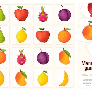 Tarjetas de memoria para niños con frutas. Juego educativo Montessori para niños pequeños. Actividades para niños. archivo PDF
