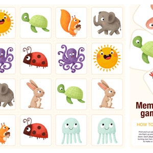 Memory cards for kids. Montessori educational game for toddlers. Activities for kids. PDF file