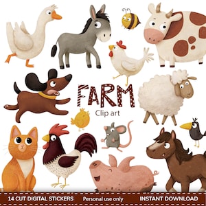 Clip art Farm animals pack for digital planner. Doodle cute illustrations. Pre-cropped PNG files