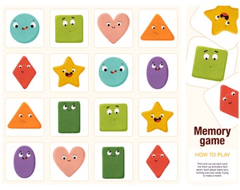 May include: A printable memory game featuring colorful cartoon shapes with faces. The game includes a circle, square, heart, triangle, star, diamond, and oval. The instructions for the game are included on the right side of the page.