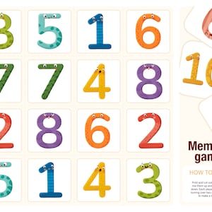 Cartões de memória para crianças com números. Jogo educativo Montessori para crianças. Atividades para crianças. ficheiro PDF