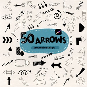 Puede incluir: Una colección de 50 sellos de flechas dibujadas a mano en varios estilos, incluyendo diseños punteados, en zigzag y sólidos. El texto "50 ARROWS" se muestra sobre un fondo azul, con "procreate stamps" debajo.