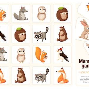 Geheugenkaarten voor kinderen. Bos dieren. Montessori educatief spel voor peuters. Activiteiten voor kinderen. PDF bestand
