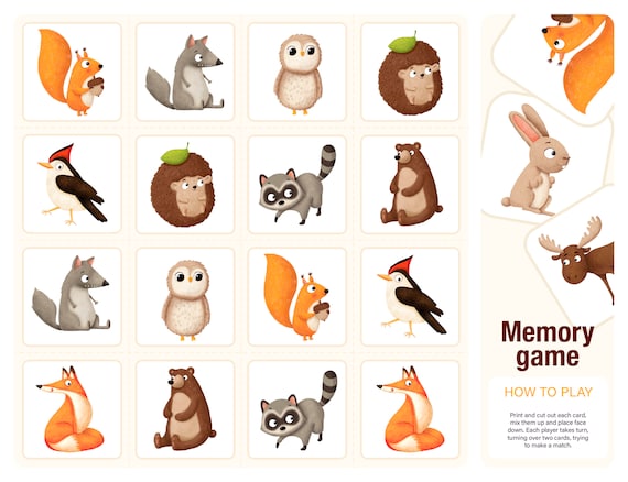 Juego de memoria de animales del bosque: Actividad Montessori para niños  pequeños (archivo PDF)