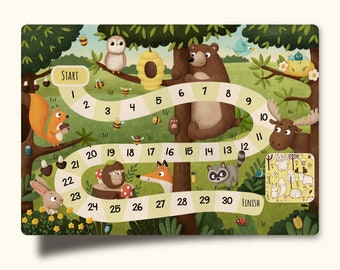 Board game for kids. Forest animals. Who is faster? First board game for baby. Activities for kids. PDF file