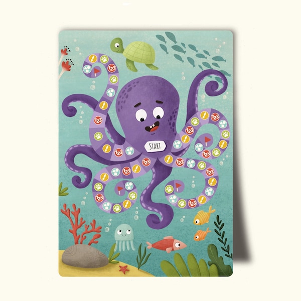 Brettspiel für Kinder. Smarter Oktopus. Zahlen, Formen, Farben, Tiere. Wer ist schneller? Erstes Spiel für Kleinkinder. Aktivitäten für Kinder. PDF-Datei
