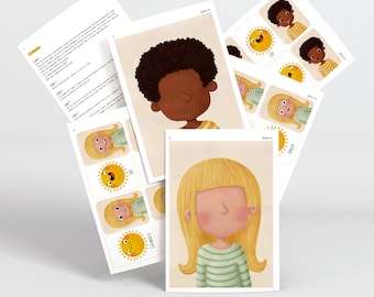 May include: A set of printable cards for a game that teaches children about emotions. The cards feature illustrations of children with different facial expressions and corresponding sun icons with matching emotions. The emotions include happy, sad, angry, calm, and scared.