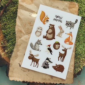Printable Woodland animals stickers set. Doodle cute illustrations. Jpeg file