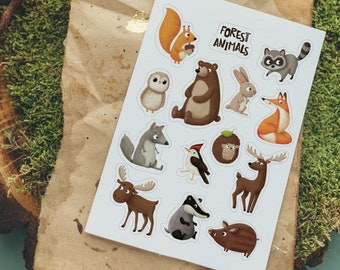 Printable Woodland animals stickers set. Doodle cute illustrations. Jpeg file