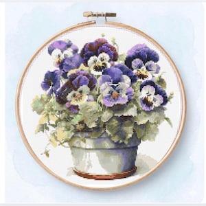 Pansy Cross Stitch Pattern PDF, Purple Violet Flowers, Floral Embroidery Design, Botanical Bouquet, Instant Download
