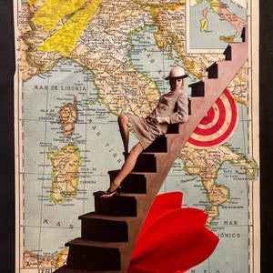 Fantastico collage di carta retrò "LE SCALE" - Pezzo unico. Quadro artistico da parete - Decorazione per la casa 30 X 40 cm. Consegna internazionale. Senza cornice