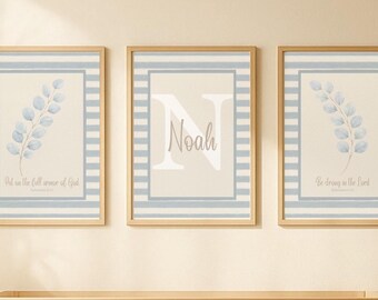Personalized Christian Nursery Wall Art Set of 3, Baby Boy Scripture Prints, Be Strong in the Lord, Eucalyptus Nursery Decor