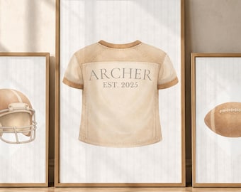 Personalized Football Nursery Wall Art Set, Boy Sports Nursery Decor, Neutral Baby Room Prints, Vintage Football Art