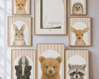 Personalized Woodland Nursery Wall Art Set of 8, Baby Animal Prints, Custom Name Nursery Decor, Baby Shower Gift, Digital Download