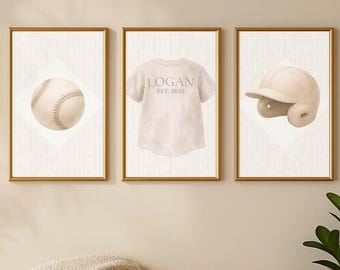 Spersonalizowany zestaw 3 grafik ściennych do pokoju dziecięcego z motywem baseballu, spersonalizowane nazwy sportowe do pokoju dziecięcego, neutralne nadruki do pokoju chłopca, sztuka baseballu w stylu vintage
