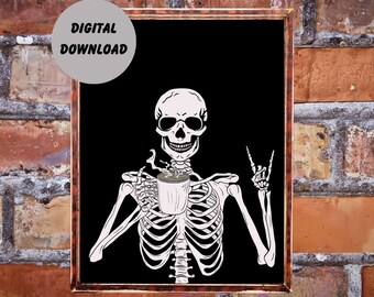Skeleton Drinking Coffee | Skeleton Coffee | Skeleton Peace | Halloween Digital Download | Printable Decor