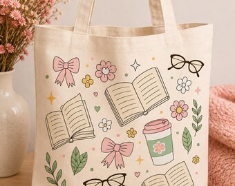 Floral Tote Bag for Readers, Reusable Polyester Book Lover Gift