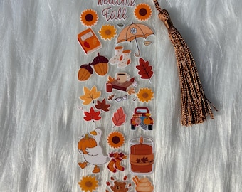 Acrylic Fall Bookmark: Autumn Illustrations, Tassel (Gift for Reader)