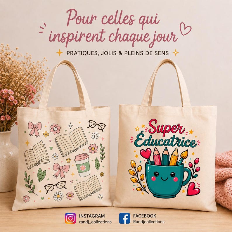 May include: Two beige canvas tote bags. The left bag features a pattern of open books, pink bows, glasses, and flowers. The right bag displays a teal mug with a smiling face, holding colored pencils, with the text Super &Eacute;ducatrice above it.