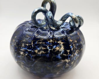 Hand-Blown Glass Pumpkin 6" Midnight Blue Tabletop Decor Unique Artisan Sculpture for Halloween  Thanksgiving Centerpieces