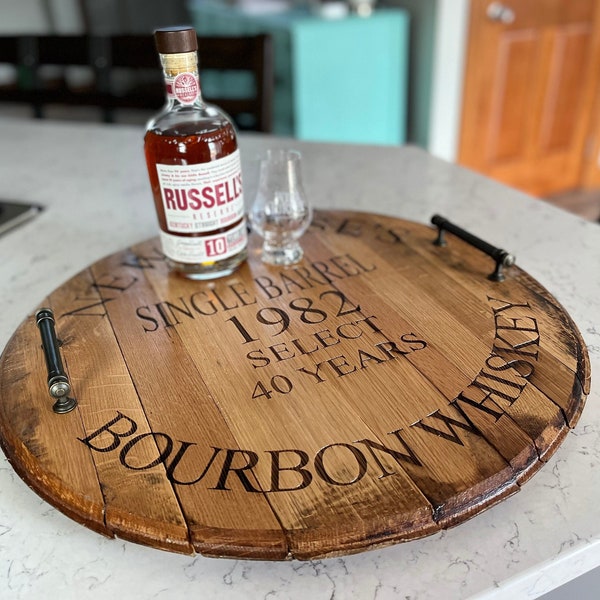 ENGRAVED Bourbon Barrel Head, SERVING TRAY, Personalized Bourbon Lid, Bourbon Décor, Wedding Gift, Christmas Gift, Kitchen Décor