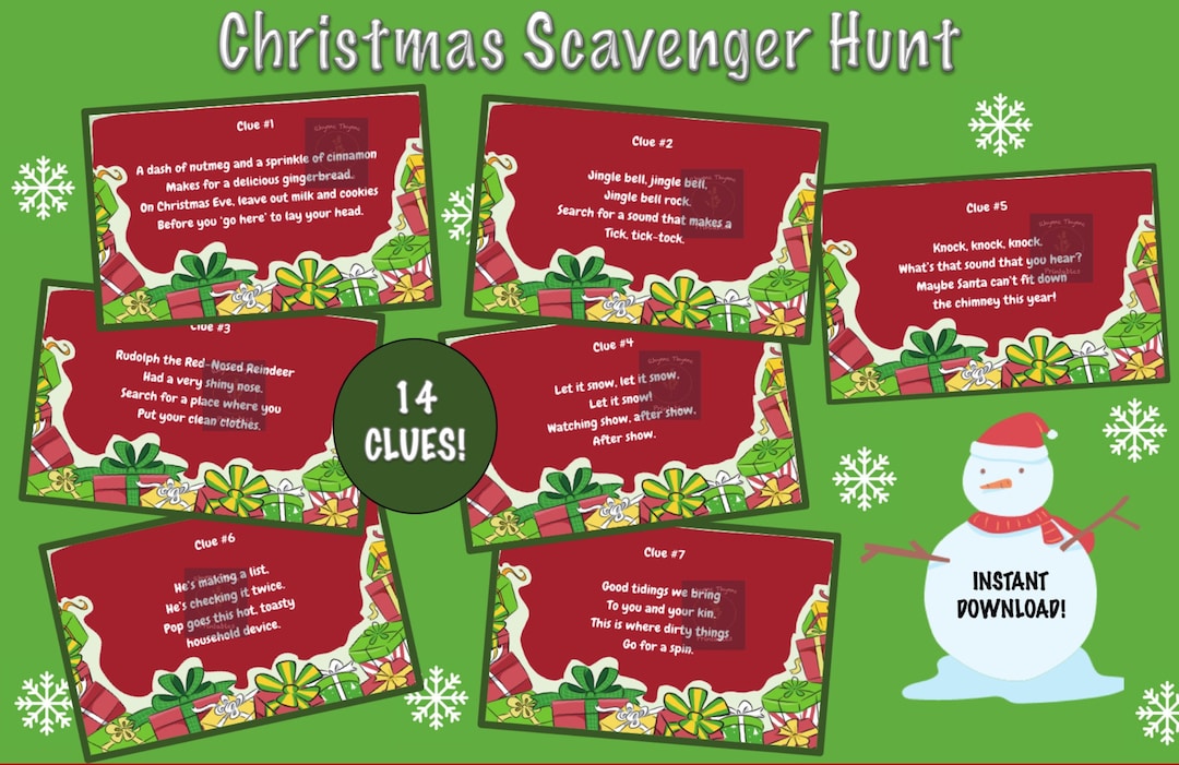 Christmas Scavenger Hunt Clues / Christmas Treasure Hunt / Indoor Scavenger Hunt for Kids