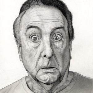 May include: A detailed pencil portrait of an older person with a surprised expression. The person has wide eyes, a furrowed brow, and a slightly open mouth. The portrait is in black and white, with visible shading and texture. The artist's signature is in the bottom right corner.
