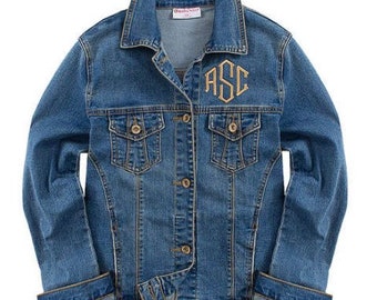 Women’s large monogrammed cotton blue Jean trucker jacket size large custom colors