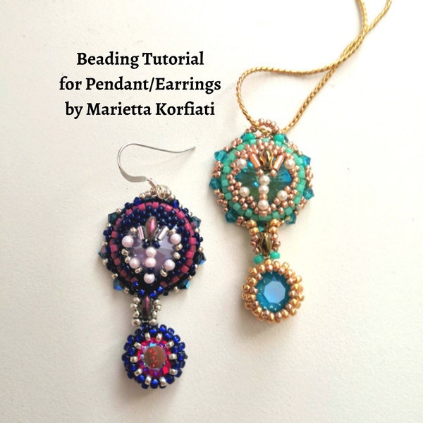 Aqua Princess beaded pendant and earrings tutorial, beading jewelry pattern with beads and crystals, 3D vintage necklace tutorial,