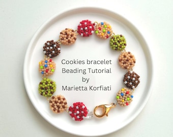 Cookies bracelet beading tutorial, 3D miniature food pattern, cute realistic jewelry PDF tutorial, original dessert beaded bracelet design