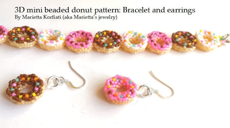 May include: A set of beaded donut earrings and a bracelet. The donuts are pink, white, and brown with colorful sprinkles. The earrings are silver with a hook closure.