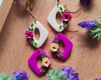 Beautiful floral earrings, elegant earrings, mismatched earrings, original earrings, flattering earrings, floral dangles, spring earrings