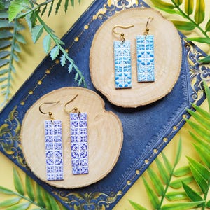 Tile inspired earrings, medium and large earrings, turquoise, white and deep blue earrings, Portuguese tile polymer clay earrings