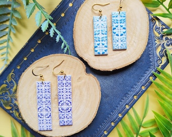 Tile inspired earrings, medium and large earrings, turquoise, white and deep blue earrings, Portuguese tile polymer clay earrings