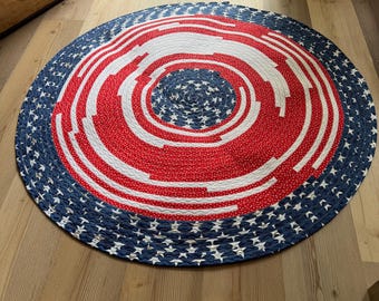 Patriotic Round Jelly Roll Rug | Handmade Americana Rug | Red White Blue Quilted Rug | Farmhouse Decor | 44 Inch Round Rug