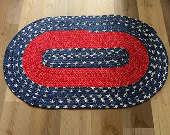 Patriotic Jelly Roll Rug | Handmade Americana Rug | Red White Blue Quilted Rug | Farmhouse Decor | Entryway Rug | 44 x 23 Inch Rug