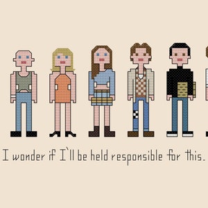 Könnte beinhalten: Eine Pixel-Art-Illustration von acht Personen, darunter eine Person mit roten Haaren, die ein rotes Hemd trägt, eine Person mit rasiertem Kopf, die ein grünes Tanktop trägt, eine Person mit blonden Haaren, die ein orangefarbenes Kleid trägt, eine Person mit langen braunen Haaren, die ein blaues Hemd und einen karierten Rock trägt, eine Person mit braunen Haaren, die ein kariertes Hemd und eine blaue Jeans trägt, eine Person mit schwarzen Haaren, die ein schwarzes Hemd und eine blaue Jeans trägt, eine Person mit schwarzen Haaren, die eine beige Jacke und eine blaue Jeans trägt, und eine Person mit braunen Haaren, die ein weißes Hemd und eine schwarze Hose trägt. Der Text "I wonder if I'll be held responsible for this." befindet sich unter der Illustration.
