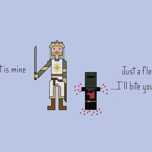 May include: A pixel art illustration of a knight in white armor with a sword and a knight in black armor with a red wound. The text "The fight is mine" is on the left and "Just a flesh wound... I'll bite your legs off!" is on the right.