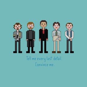 Puede incluir: Cinco personajes de arte de píxeles, cada uno con un peinado y ropa diferentes. Los personajes están de pie en una fila, y el texto "Tell me every last detail. Convince me." está debajo de ellos.