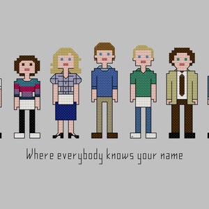 May include: Pixel art illustration of seven characters, including a man in a white shirt and tie, a woman in a purple and pink striped shirt, a woman in a plaid shirt, a man in a blue shirt, a man in a green shirt, a man in a brown jacket and tie, and a man in a blue suit. The text "Where everybody knows your name" is below the characters.
