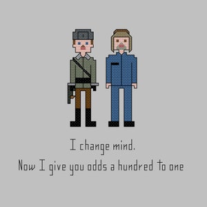 May include: Two pixel art characters, one in a green and brown uniform and the other in a blue uniform, stand side-by-side. The text below reads "I change mind. Now I give you odds a hundred to one."