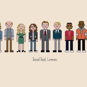 Puede incluir: Una ilustración de arte de píxeles de 10 personajes del programa de televisión "New Girl." Los personajes están de pie en una línea, y el texto "Good God, Lemon." está debajo de ellos.