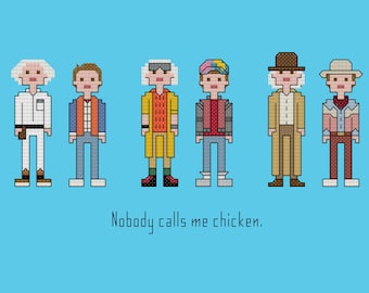 May include: A pixel art illustration of six different versions of the character Doc Brown from the Back to the Future movies. The caption below the image reads "Nobody calls me chicken."