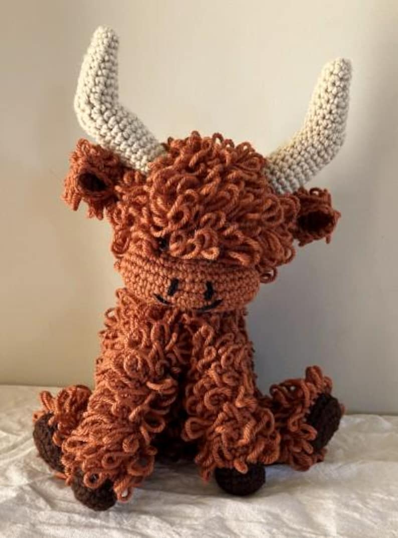 Handmade Crocheted Highland Cow Hairy Coo Yak Amigurumi Plushie Caramel Cow 12"