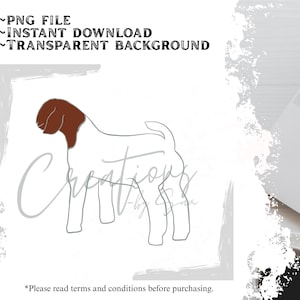 May include: A digital illustration of a goat with a brown head and neck, outlined in grey. The image includes text: ~PNG FILE, ~INSTANT DOWNLOAD, ~TRANSPARENT BACKGROUND, and a signature. The bottom of the image has the text: *Please read terms and conditions before purchasing.