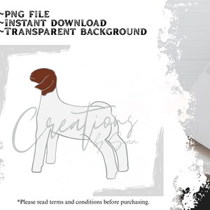 May include: A digital illustration of a sheep with a brown head and a white body. The image includes the text "PNG FILE", "INSTANT DOWNLOAD", and "TRANSPARENT BACKGROUND". The text "Creations by Snow" is also present.