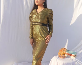 Gold Club Dress , Gold Metallic Sparkle Dress, Gold Midi Dress, Mutton Sleeve Dress, Shimmery Gold Prom Dress , Gold Party Dress