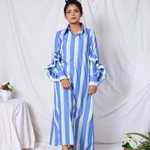 Blue Cotton Striped Shirt Dress/Loose Shirt Dress /Long Ruffled Sleeve Shirt /Casual Cotton Shirt Dress image 2